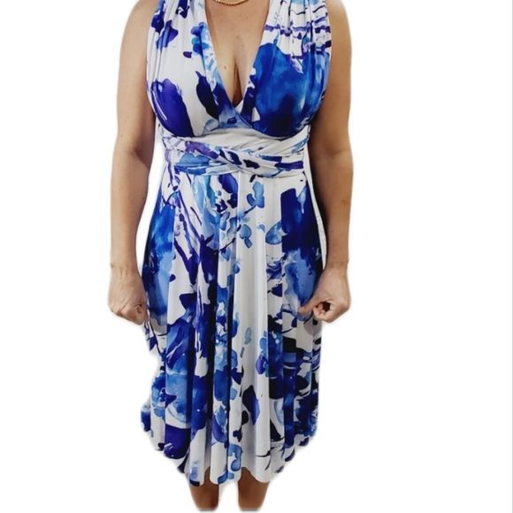Dessy Collection Vivian Diamond Floral wrap convertible dress white blue size Xs - Picture 2 of 15